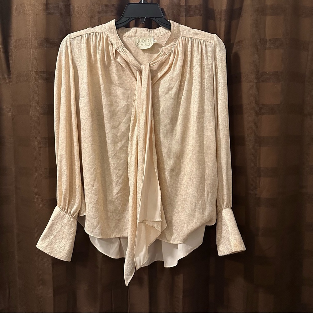 Judith March Metallic Gold Blouse with tie and puff sleeves size M